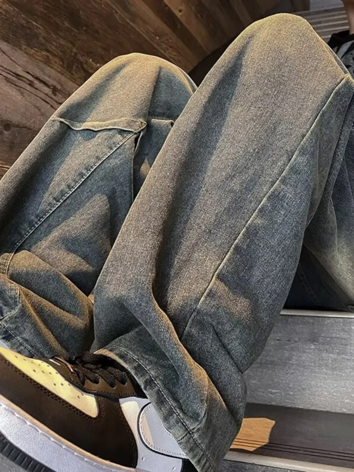 

American Sle Men's Casual Folded Jeans Spring Autumn Vintage Brand Haome Straight Leg Leisure Pants Low Waist Zipper