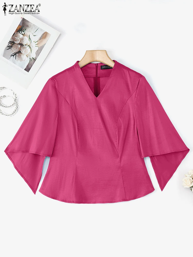 ZANZEA 2025 élégant col en V bureau Blouse automne solide chemise femmes élégant Satin hauts manches évasées irrégulières Blusas femmes chemises
