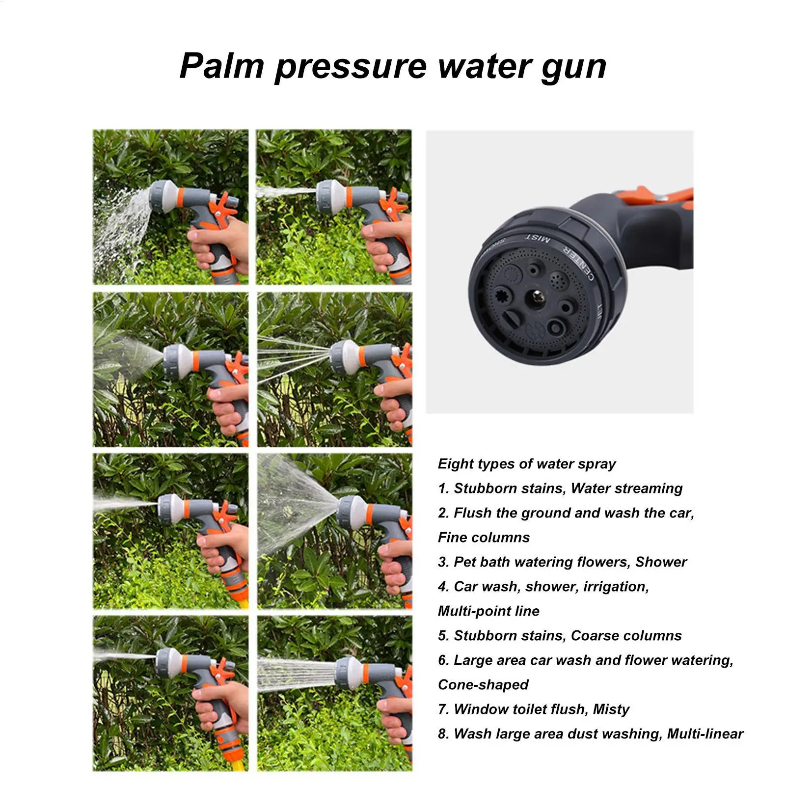 Dysza do węża ogrodowego, narzędzie do podlewania wysokociśnieniowego z 8 regulowanymi wzorami natrysku, dysza do mycia samochodu, do ogrodu, trawnika, na podwórko, na zewnątrz.