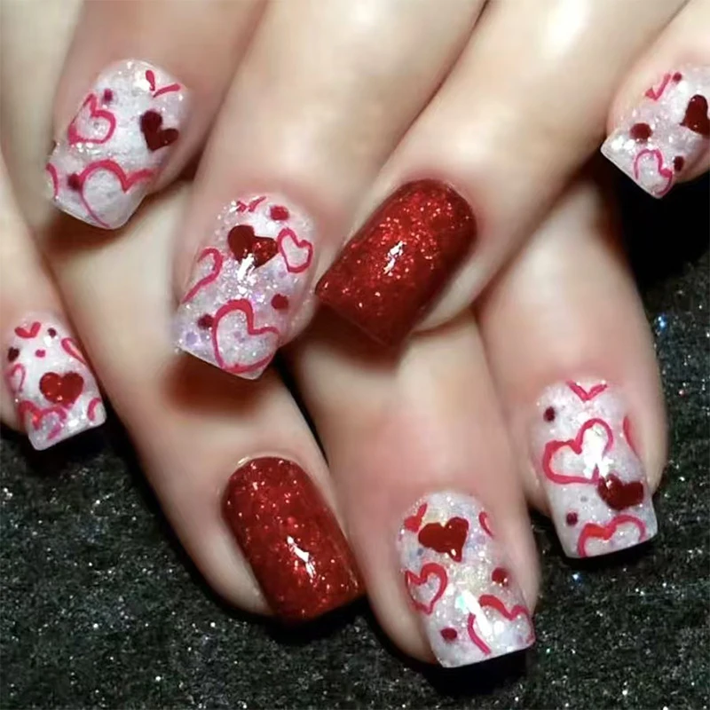 Red Fake Nails, Gnome Snowflake Print Short Square Press On Nails, Glossy Sequins Charm Manicure, For Women Girls