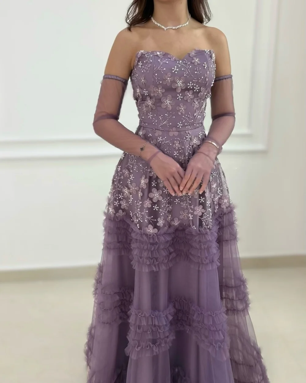 

Customized Intricate Sparkle Tulle Flower Beading Sequined A-line Strapless Long Dresses Bespoke Occasion Dresses Chinese Style