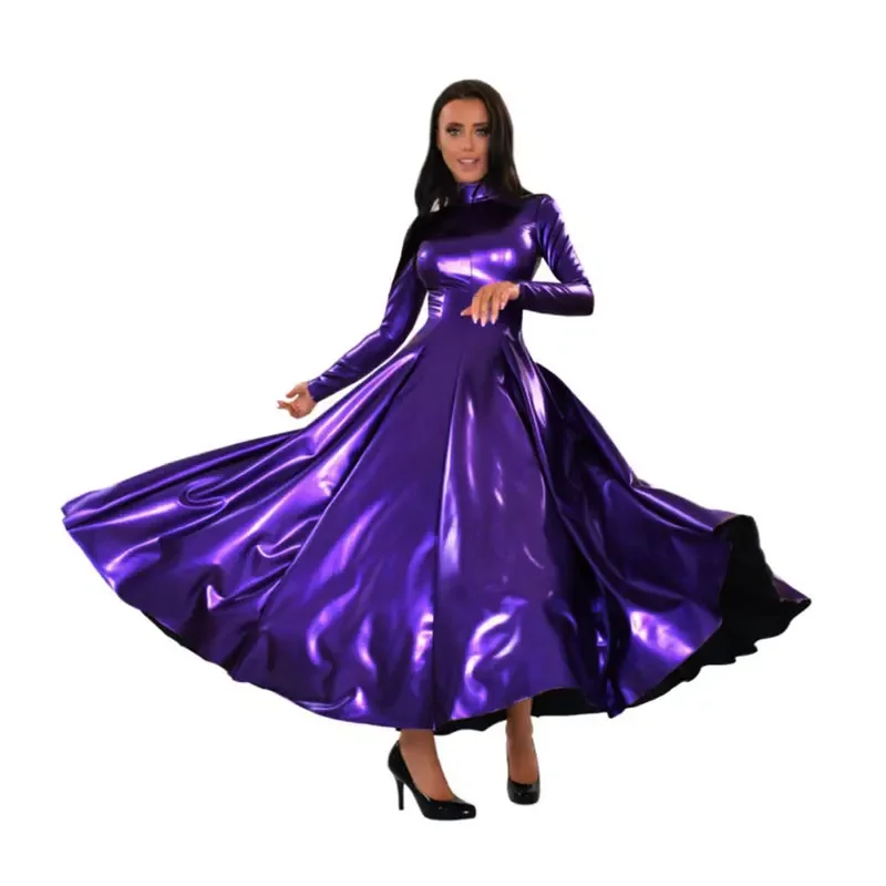 High Collar Faux Latex Maxi Dress Women Long Sleeve Shiny Patent Leather Dress Wet Look Floor Length Dress Party Clubwear Custom