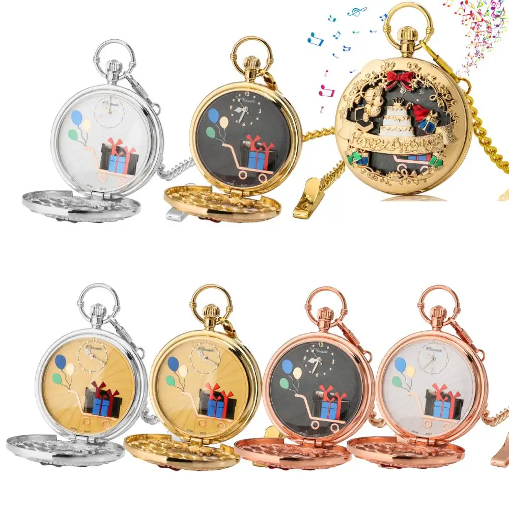 クラシックな音楽ペンダントウォッチ、ハッピーバースデーの文字が刻印されたフリップカバーバルーンギフト、インナーダイヤルで音楽が再生する懐中時計