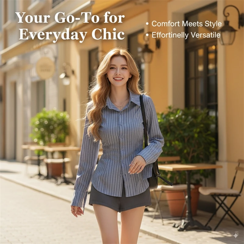 

Striped Slim Fit Shirt Women’s Long Sleeve Casual Top Blue Button Down Blouse for Spring Autumn – Trendy Everyday Style