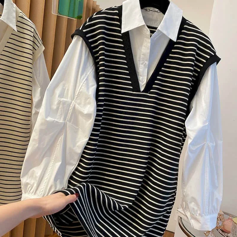 Shirts voor dames Polo-hals Koreaanse stijl Oversized vest Patchwork Nep twee stukken Hoodies Lange mouwen Casual gestreepte damestops