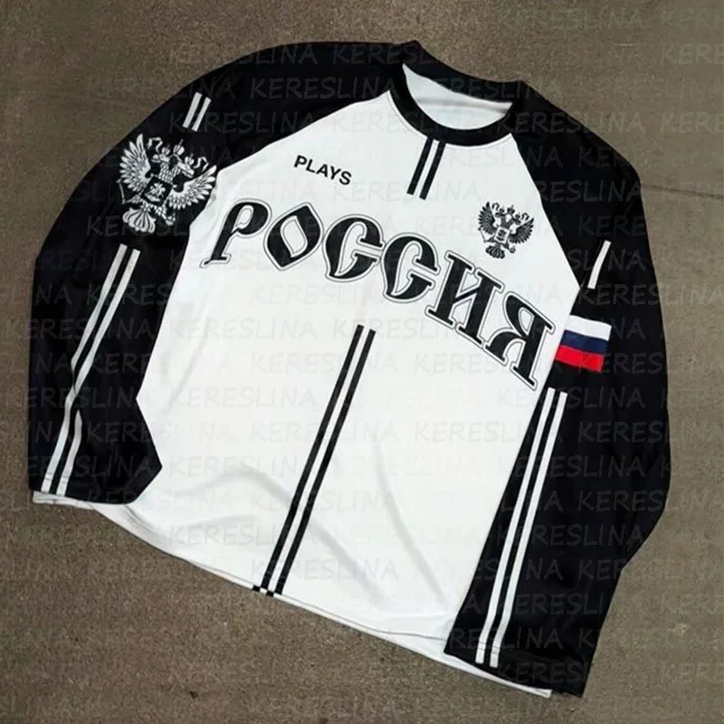 2025 American retro long sleeved flag double pole jersey T-shirt y2k loose sports high street round neck top casual campus sport