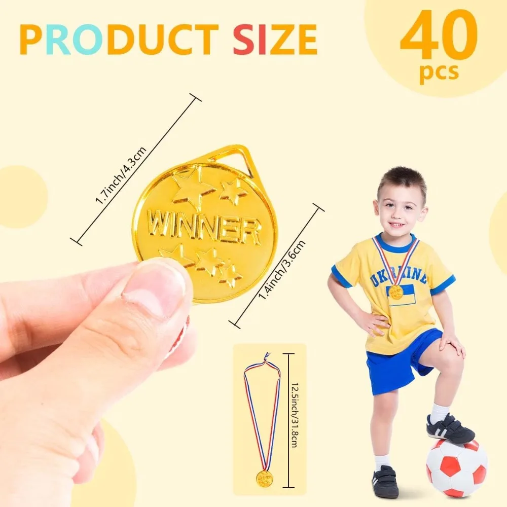 40 Pieces Plastic Gold Winner Award Medals Bulk for Sports, Games Competitions, Party Favors and Decorations