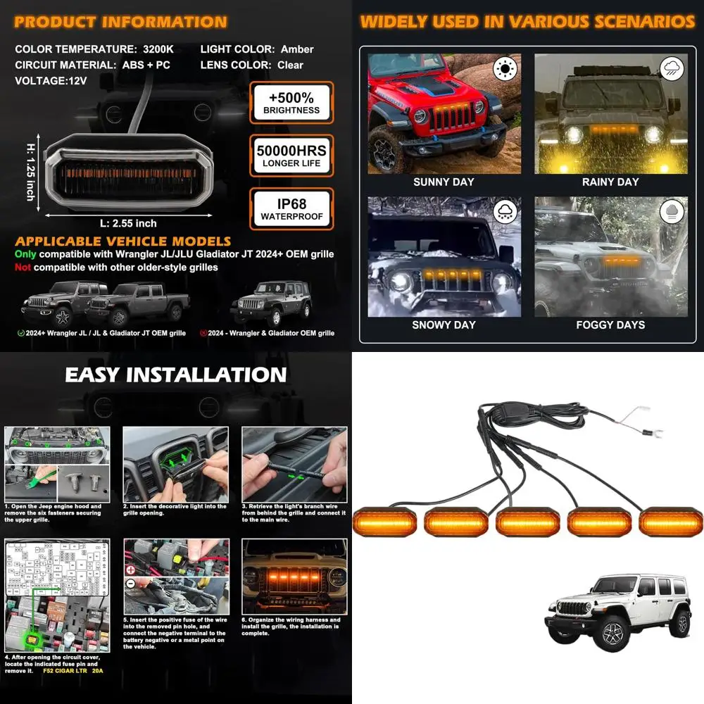 

5-Piece Amber LED Grille Lights for 2024-2025 Jeep Wrangler JL/JLU and Gladiator JT with Original Factory Grille