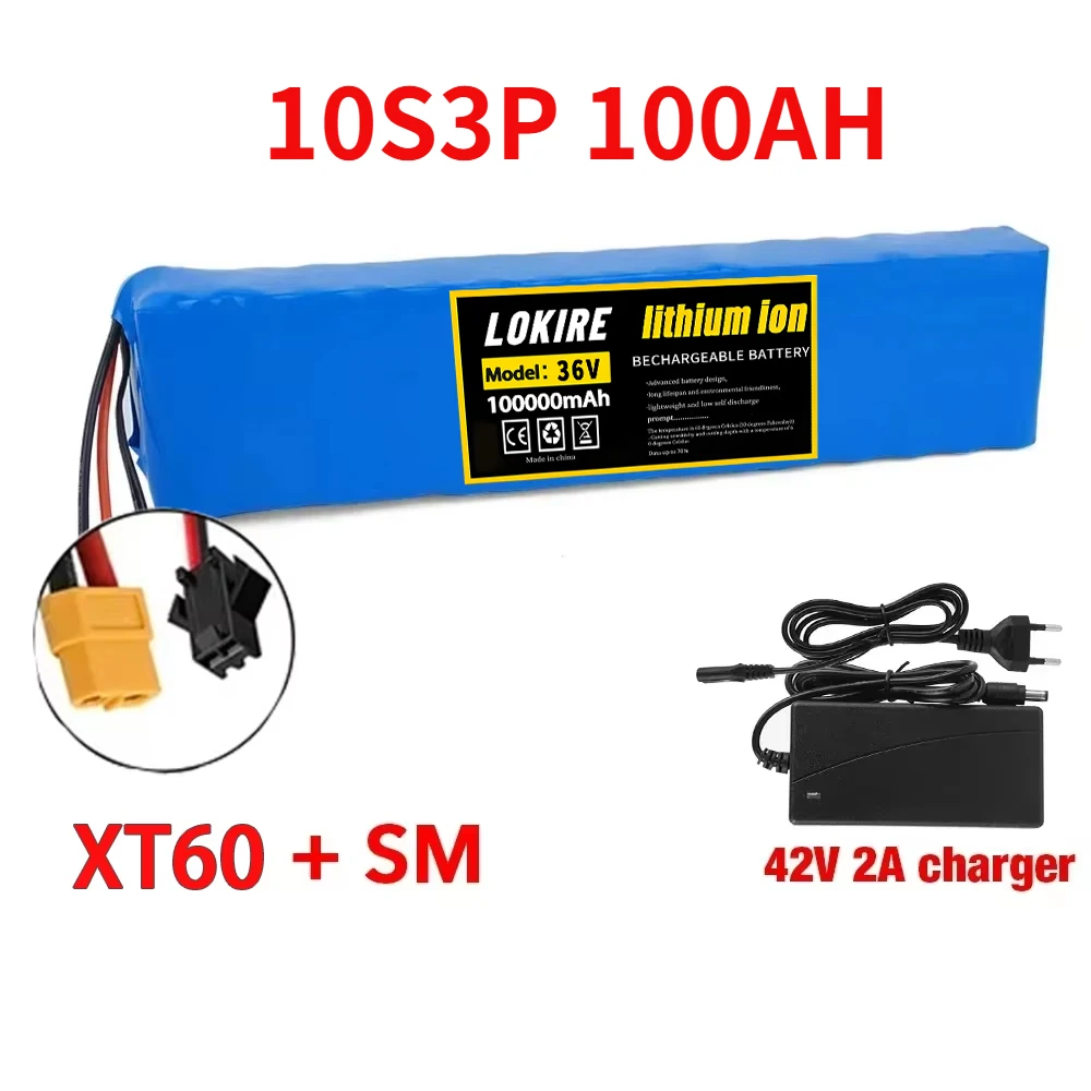 36V 100Ah oplaadbare lithiumbatterij 18650 10S3P 1000W vermogen gemodificeerde 36V elektrische scooterbatterij met BMS, SYP XT60 JST