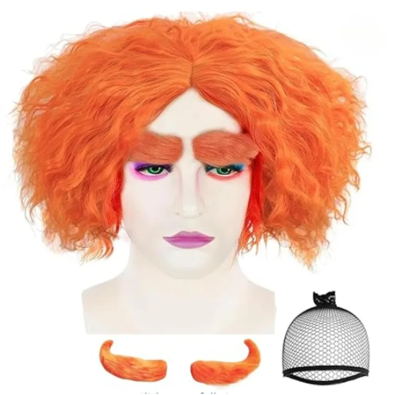 Wig Cap+ Eyebrow Mad Wig for Men Orange Wigs Short Curly Cosplay Wigs for Anime Costume for Halloween Party Funny Hair for Adult