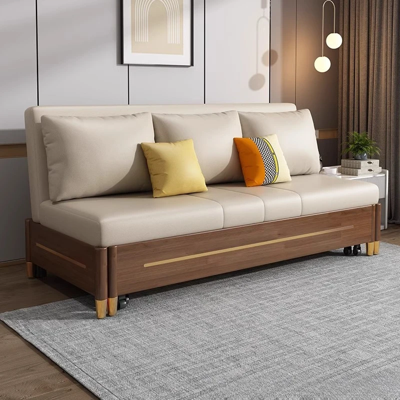 

Sofa dual-purpose living room small apartment single sitting and lying multi-functional foldable solid wood