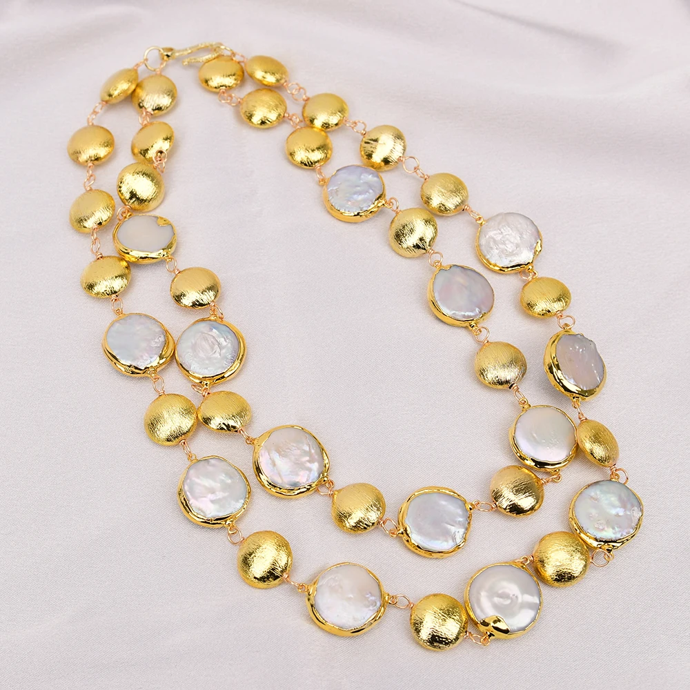 

GG 2 Strands Freshwater Cultured White Coin Pearl Brushed Beads Chain Necklace Multi Strands Luxurious Style Women Jewelry