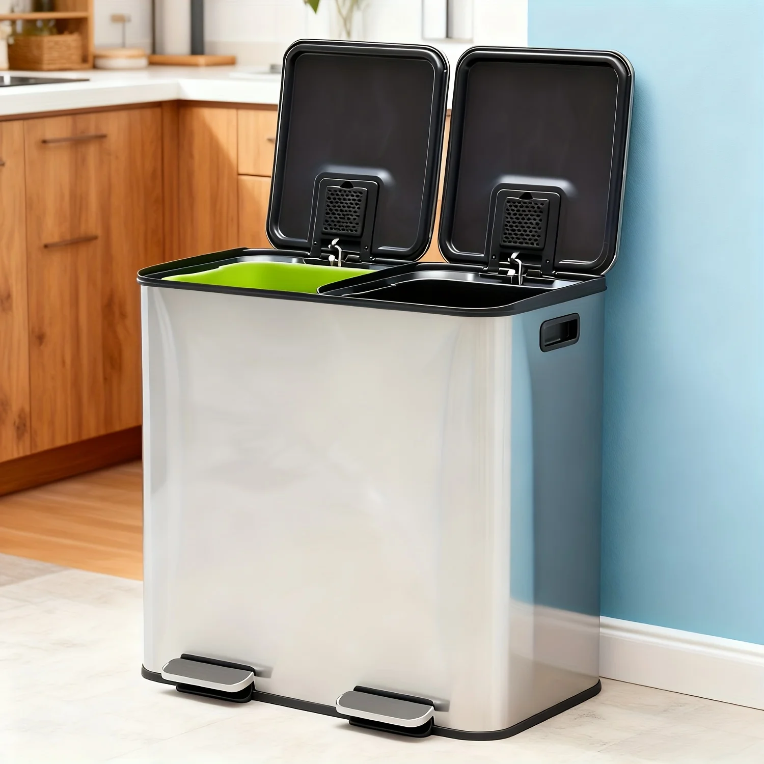 2×40L Stainless Steel Kitchen Trash Can with Lid | 2 Removable Inner Buckets, Soft-Close Foot Pedal, Fingerprint-Resistant, Polished 410 Stainless Steel, Rectangle Shape, Step-on Opening, Brand: SMUG for Kitchen Home Office