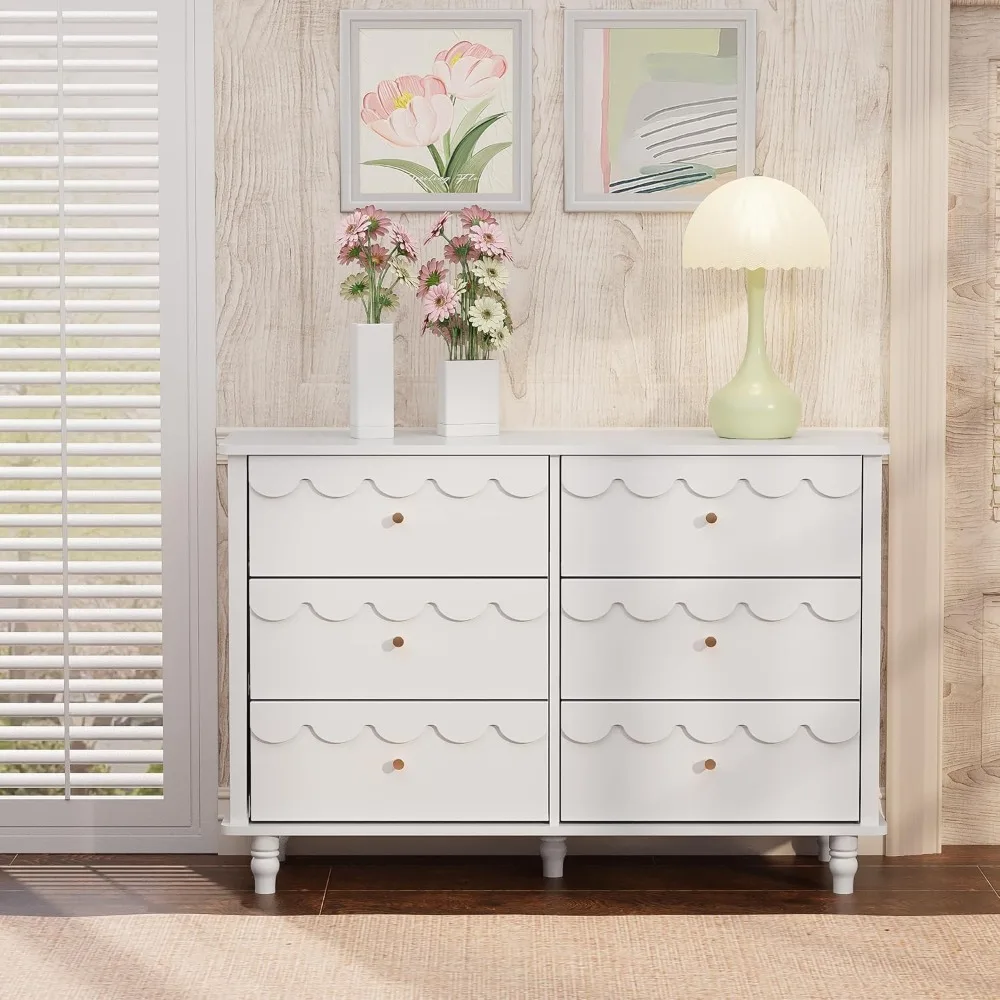 خزانة ملابس بيضاء مكونة من 6 أدراج لغرفة نوم الفتيات، خزانة ذات أدراج واسعة حديثة، منظم تخزين صدفي مع أدراج، مخدد P