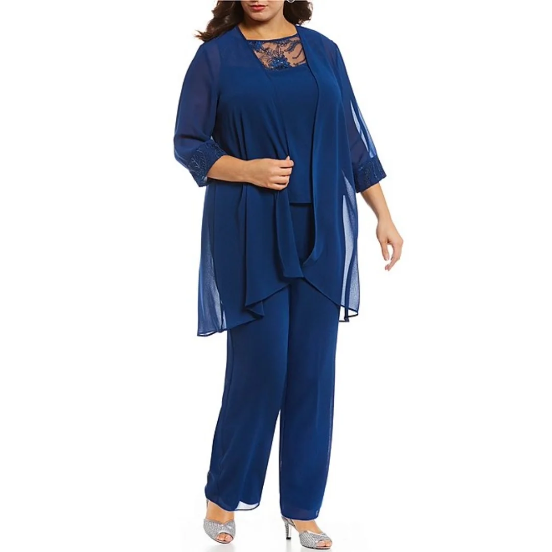 

Elegant Navy Blue Mother of the Bride Dress Pantsuit Set Detail Flowing Chiffon Overlay Special Occasions Available in All Sizes