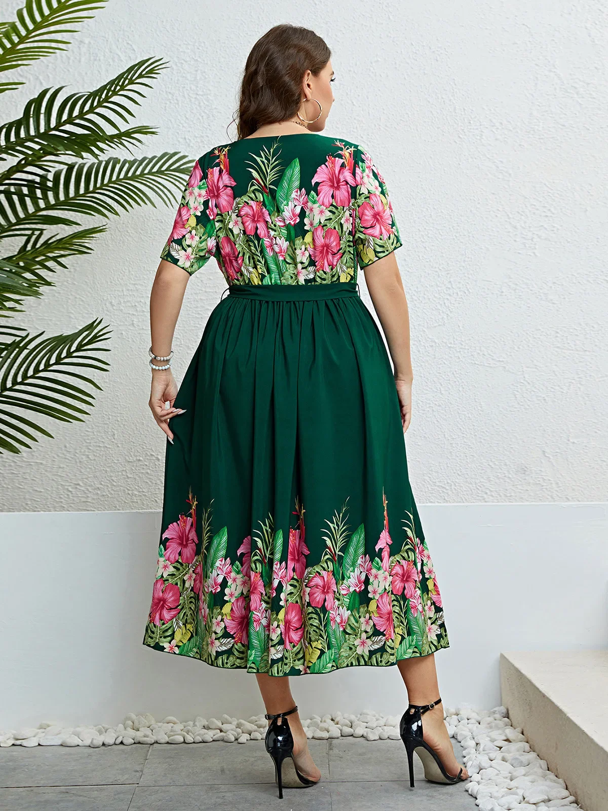 Plus Size Womne Dress Crew Neck Floral Print Patchwork Female Robe A-Line Color Block Short Sleeves Lady Waist Belt Summer Gown