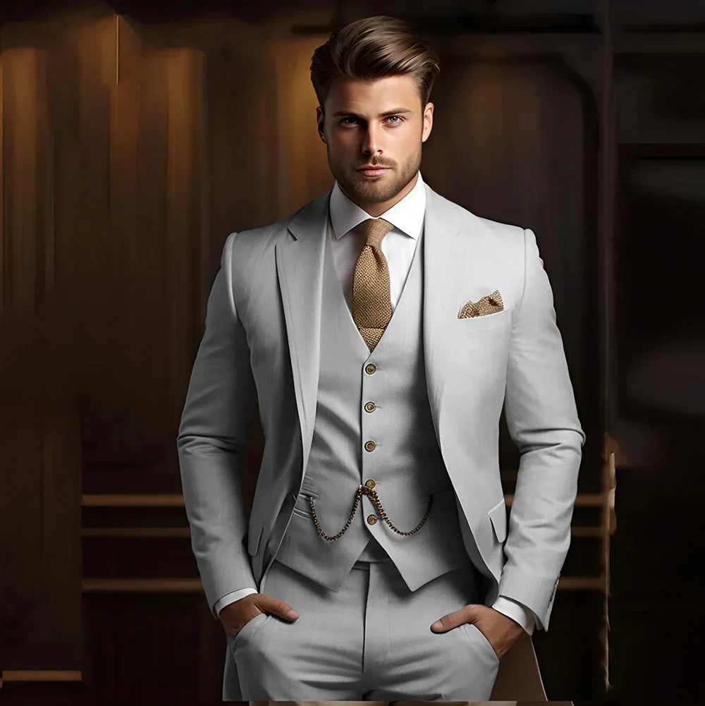 Formal Men\'s Suits for Groom 3 Pieces Khaki Wedding Groom Tuxedo Slim Fit 2025 Male Fashion Suit Jacket with Pants Vest