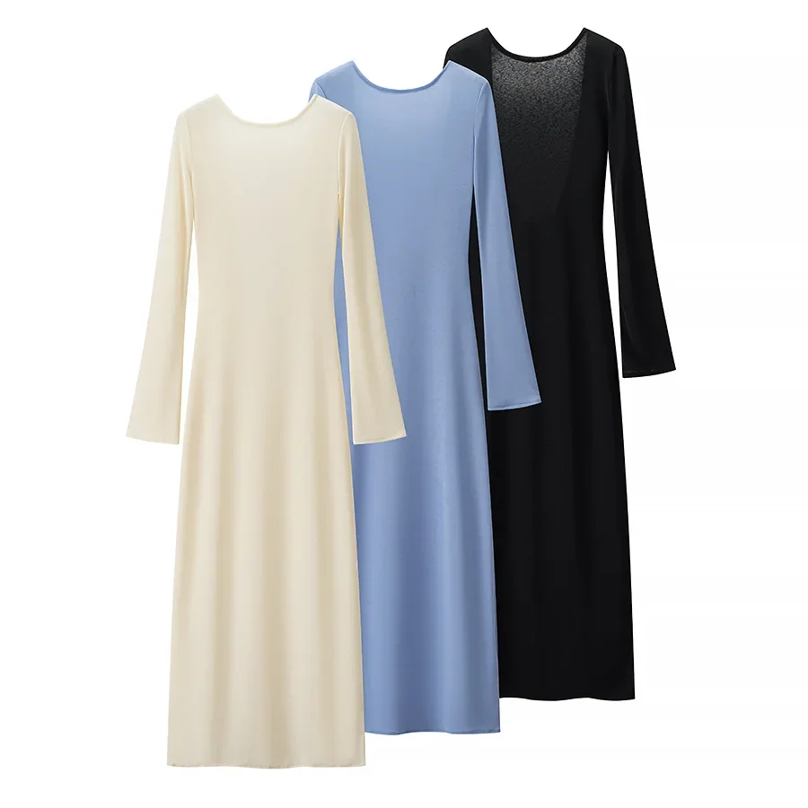 

Summer New Casual Dress Perspective Midi Dress Elegant Ladylike Gown Dress Women's Backless Round Neck Long Sleeved Dress