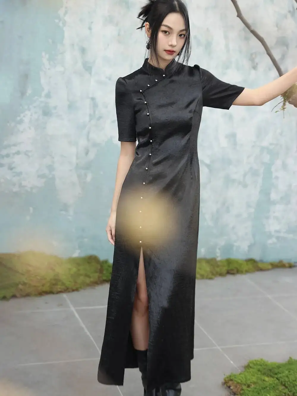 Vestido Cheongsam mejorado UMI MAO, elegante para mujer, novedad de verano, vestidos largos con abertura y manga corta con cuello levantado oscuro para mujer Y2K