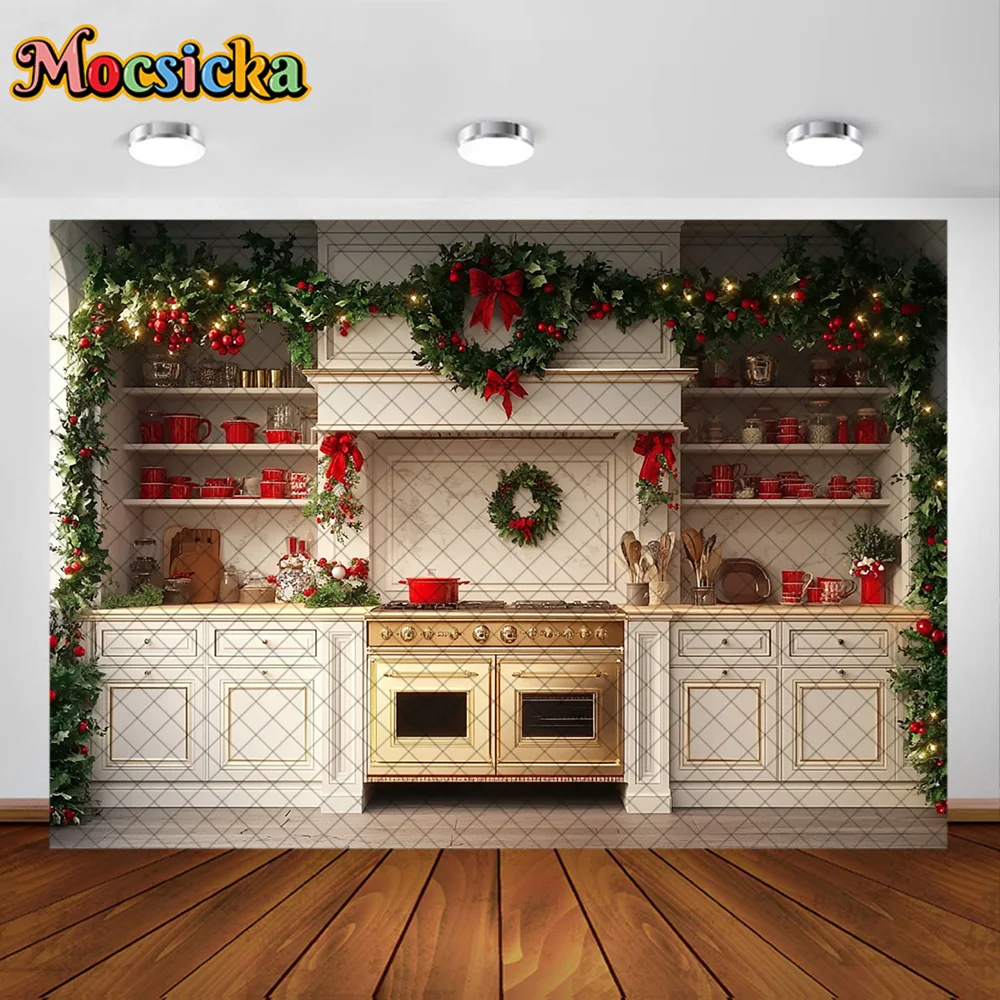 Mocsickaการถ่ายภาพพื้นหลังคริสต์มาสตู้ครัวAppleตกแต่งฉากหลังครอบครัวเด็กXMAS Holiday Party Prom Studio