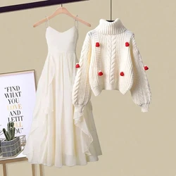 Women's Two Piece Outfits Dresses Sets 2 Piece Long Sleeve Knit Pullover Tops+Sling Dresses 2024 Spring Fall Lounge Sets