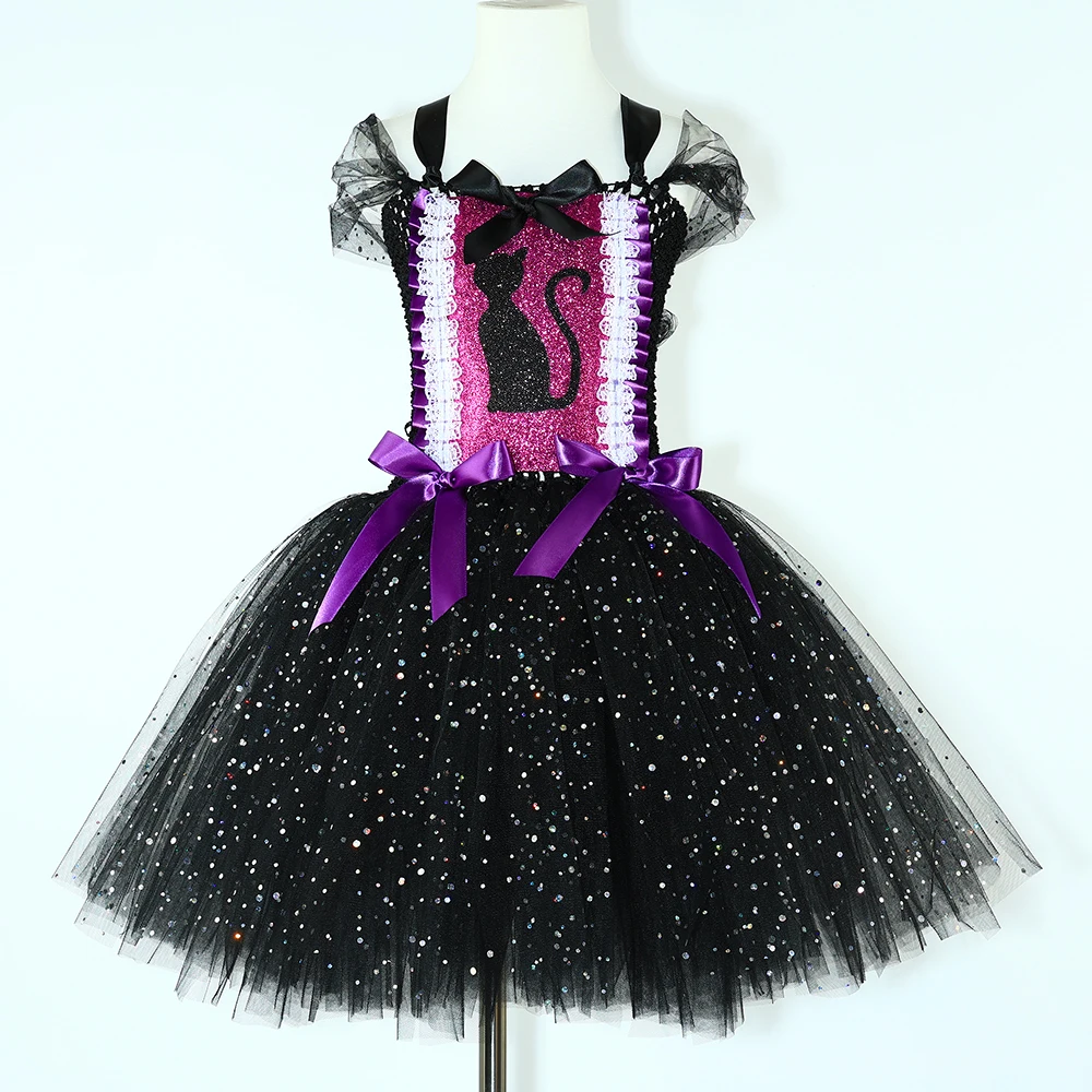 Glitter Black Cat Costume for Girls Carnival Birthday Party Fancy Tulle Tutu Dress Toddler Kids Halloween Animal Kitten Costumes