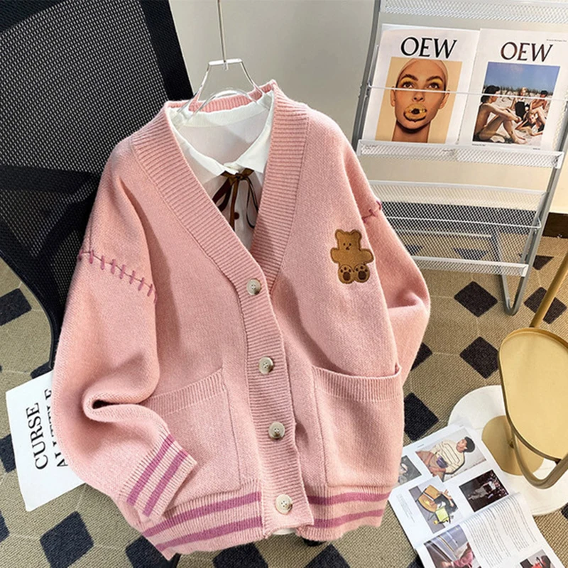 Cute Bear Print Knitted Cardigan Women Autumn Winter Korean Warm Tender Sweater Loose V Neck Long Sleeve Solid Preppy Jumpers