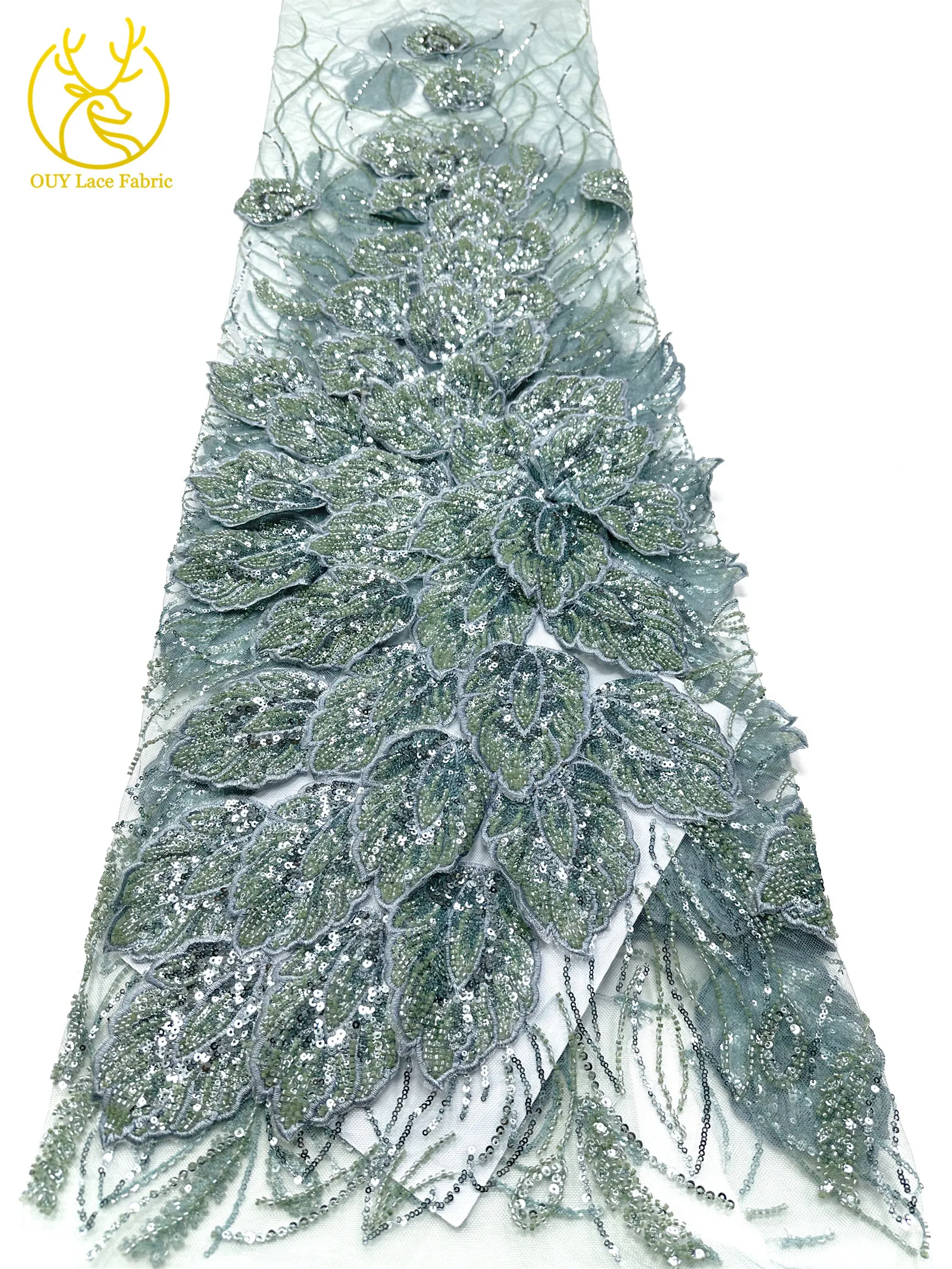 Nigerianischer 3D-Stickerei-Blatt-Spitzenstoff 5 Yards Afrikanische DIY-Stickerei Perlen-Pailletten-Spitze Tüll-Netzspitze Damen-Abendkleid – Detail 25