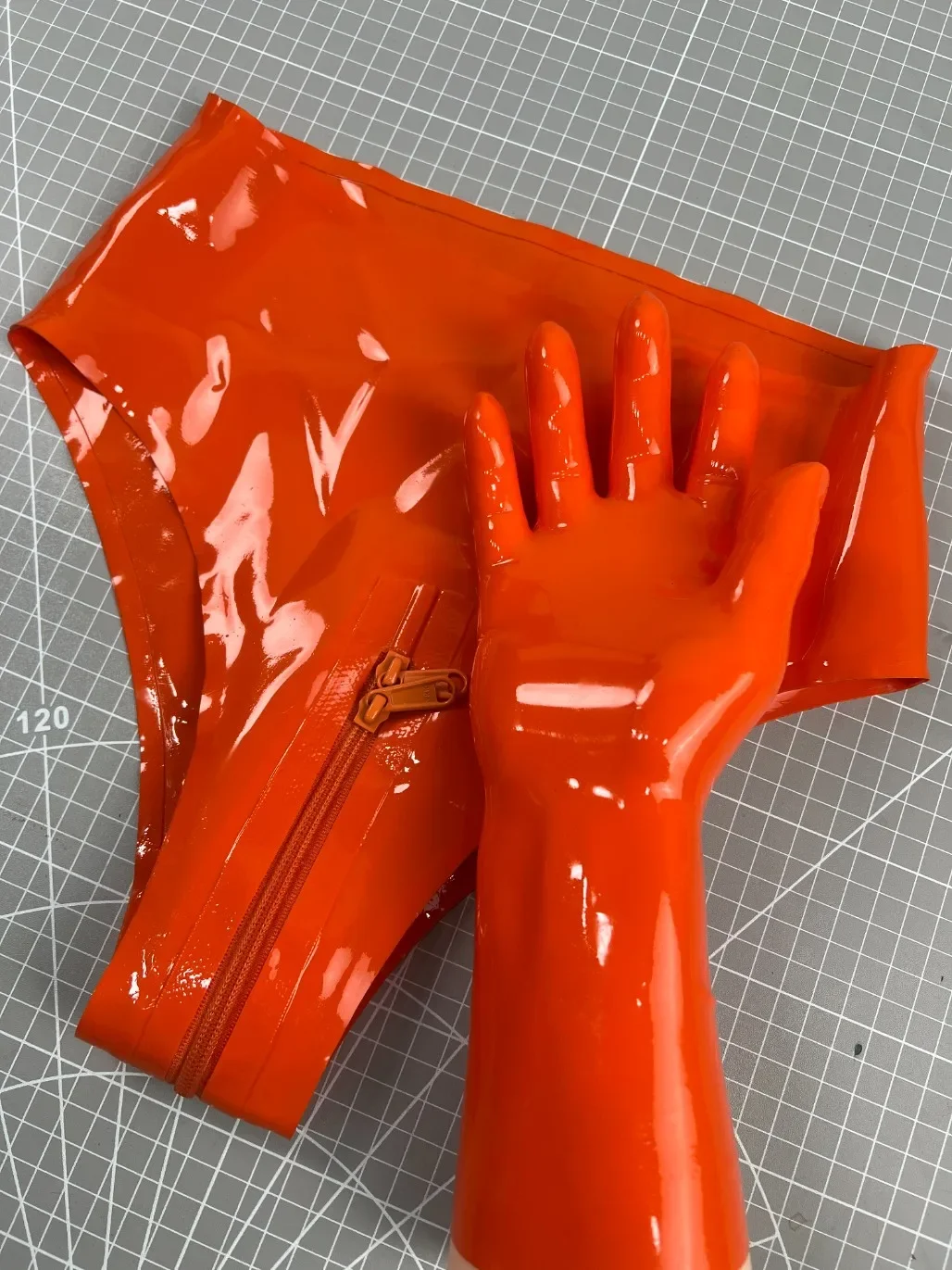 

customized latex fetish Underwear orange latex gloves rubber Panties Women High Waist rubber zipper bodysuit female