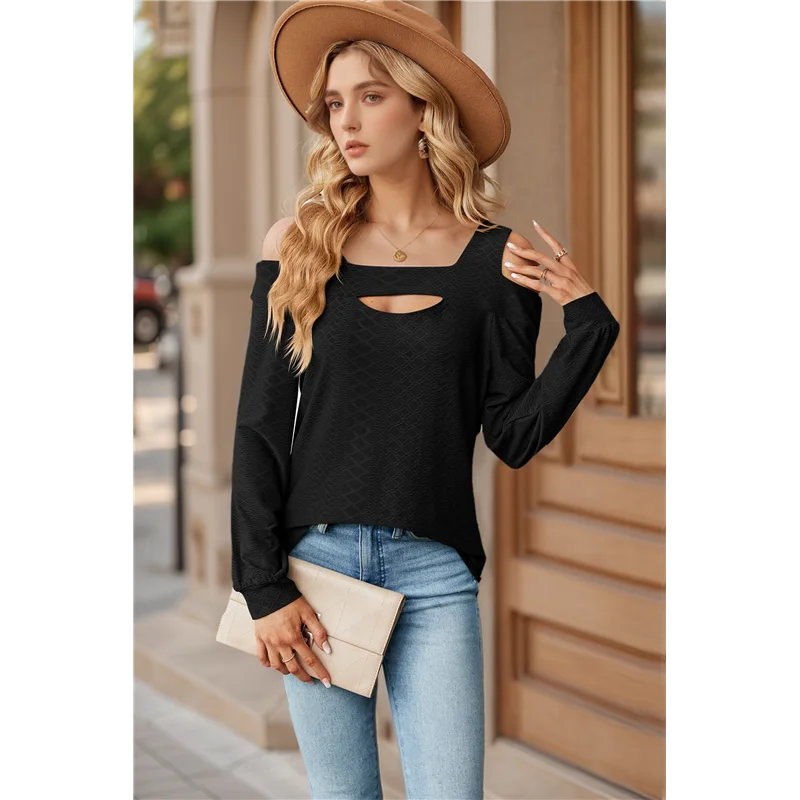 تي شيرت نسائي صيفي برقبة مربعة وأكتاف باردة وأكمام قصيرة وبلوزات بلون سادة