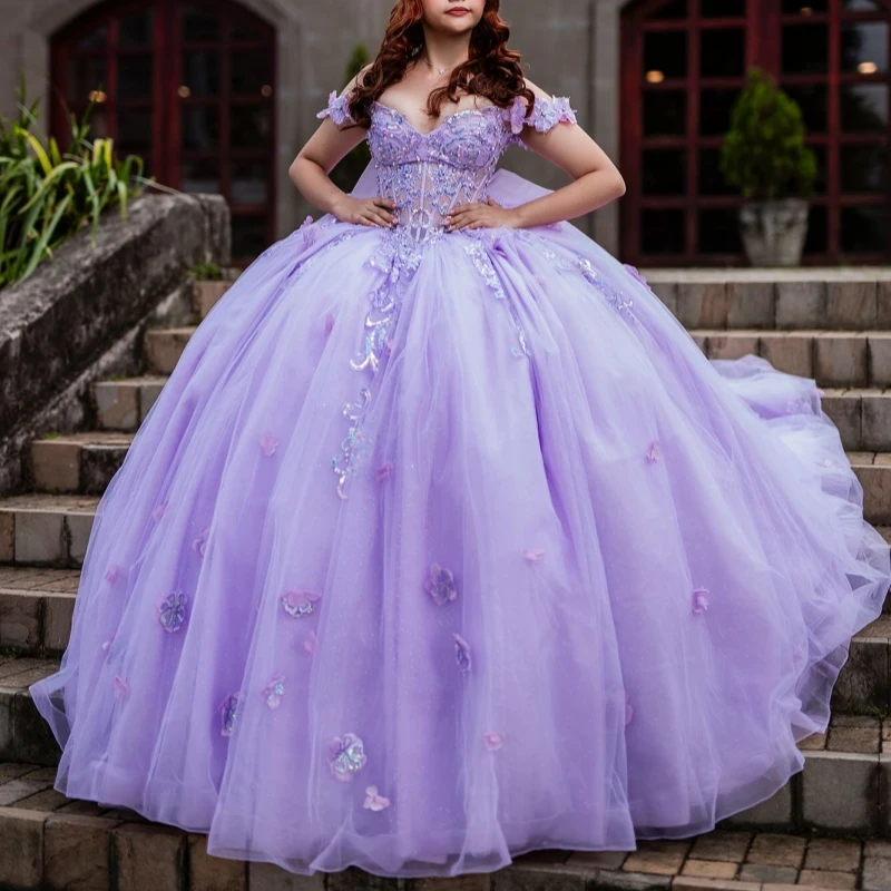 

Лавандовые блестящие платья Quinceanera с открытыми плечами, аппликация, цветок, бант, бисер, кристалл, тюль, корсет, вечерние, день рождения, сладкий 16