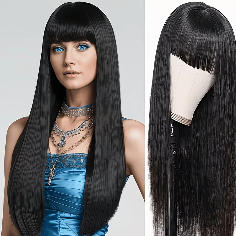 European and American style 70cm black long straight wig with bangs for cosplay and Halloween