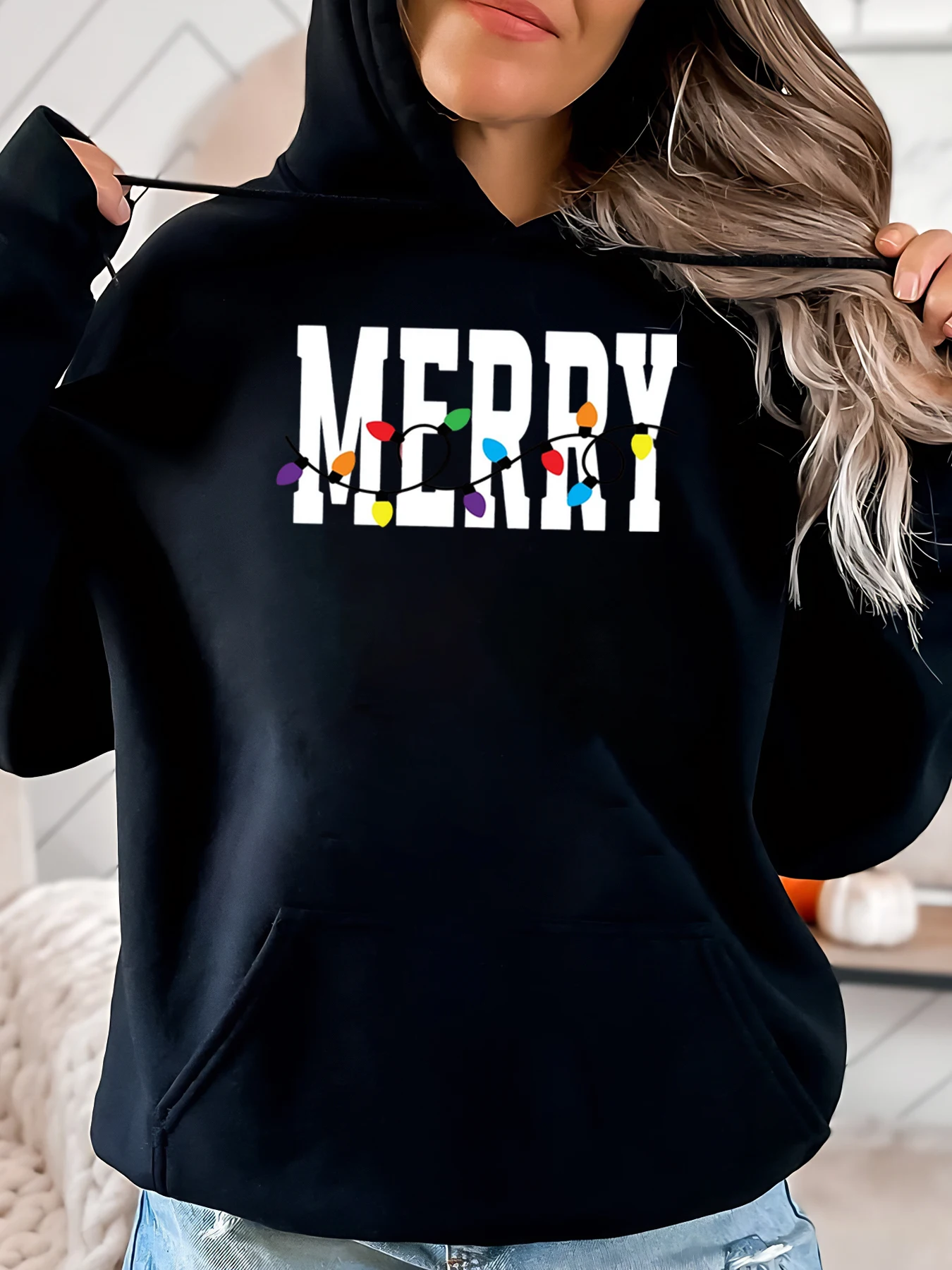 

Толстовка с принтом Merry Christmas Lights, женская повседневная зимняя праздничная одежда, черная, больших размеров