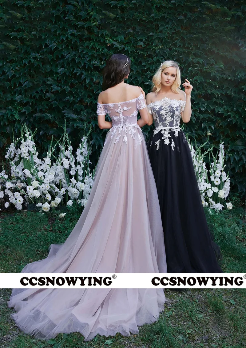 Elegant Flowes Tulle Appliques Long Evening Dresses Off the Shoulder A-Line Prom Gowns Sleeveless Formal Party Dress