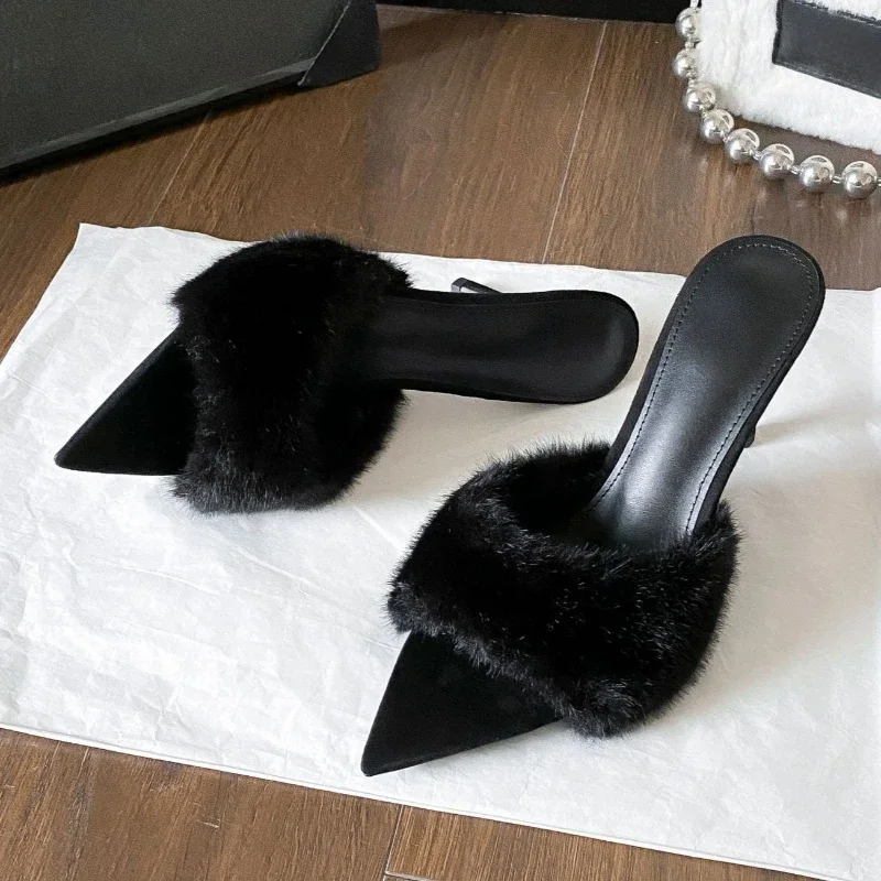 플러피 레오파드 섹시 포인티드 토 하이힐 슬리퍼 여성 패션 아웃도어 슬라이드 가을 겨울 슬리퍼 드레스 여성 신발