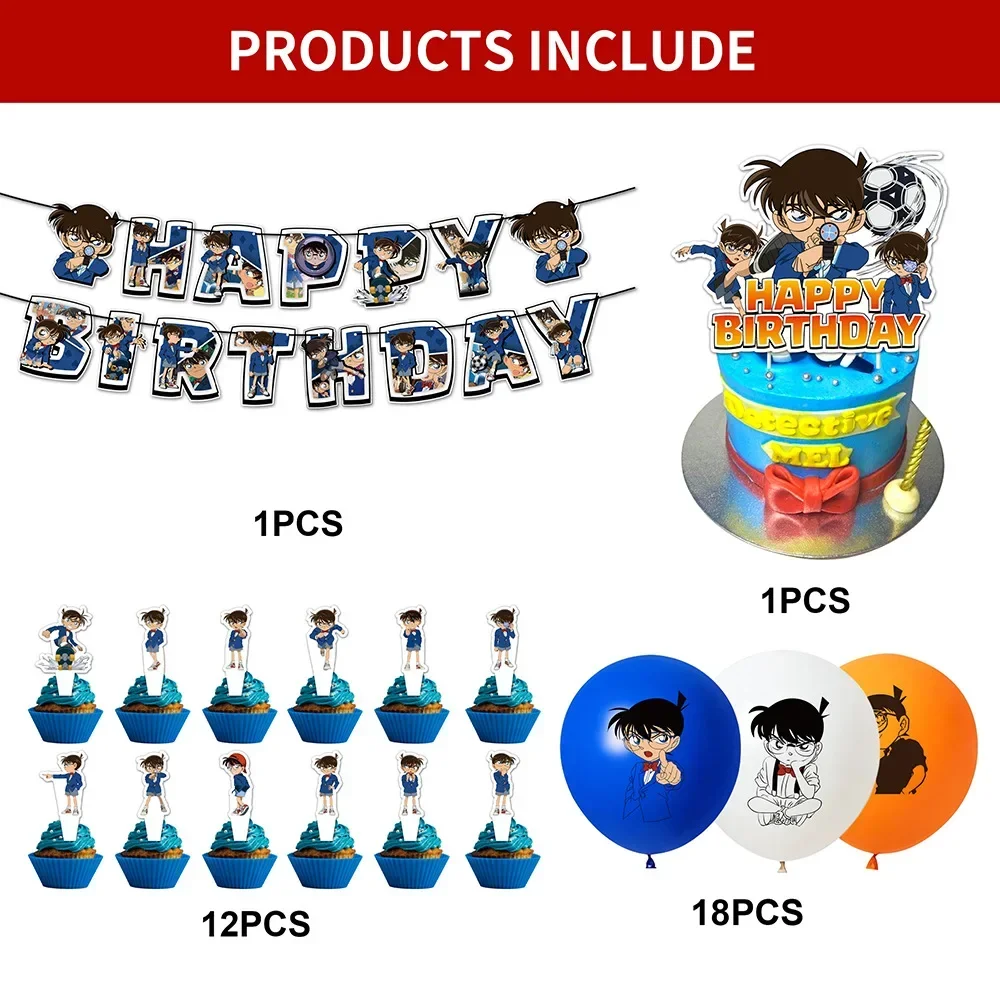 Detective Conan Birthday Party set dinnerware Banner Cake Disposable Hanging Flag Detective Conan Balloons Birthday Decoration