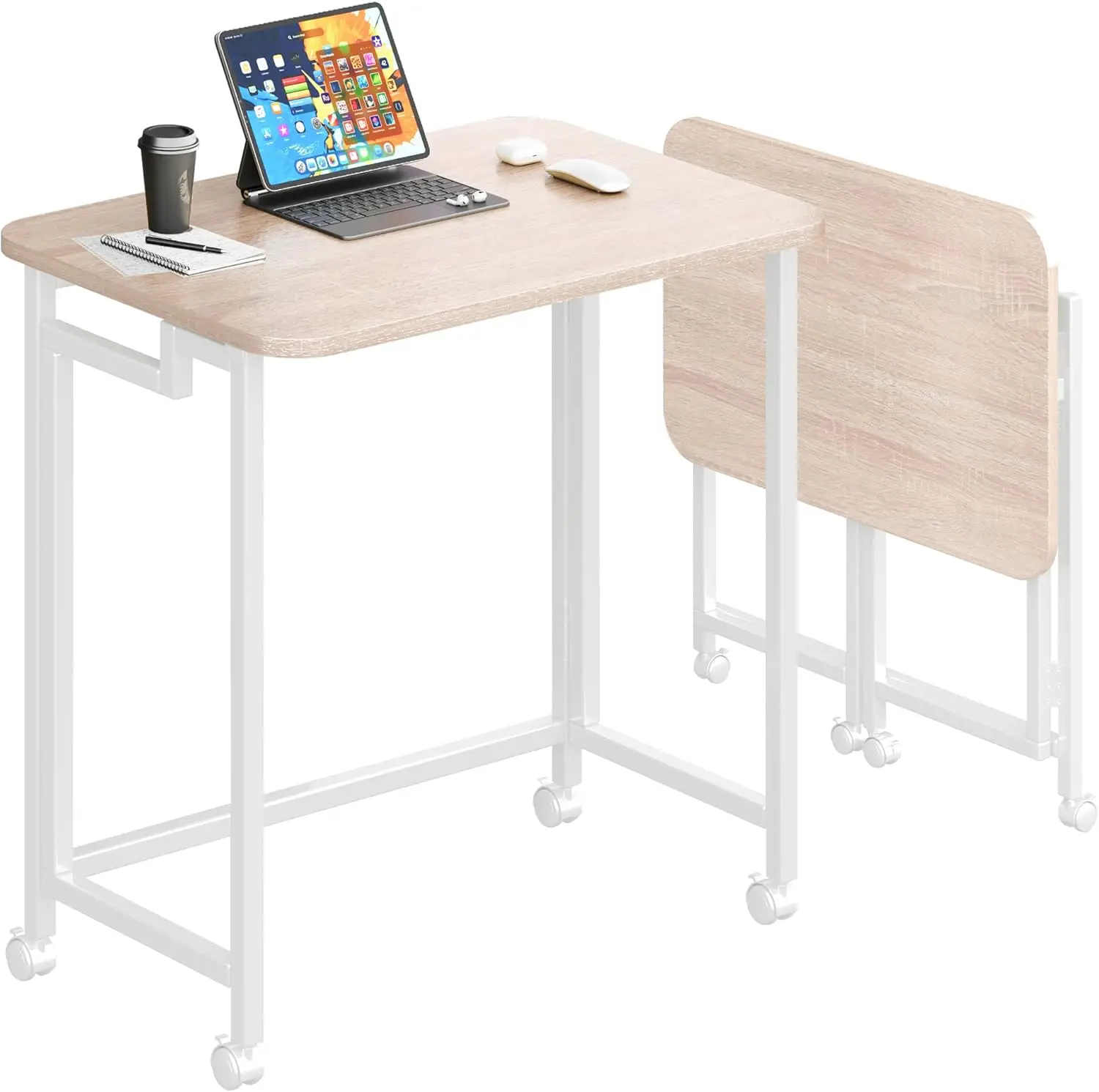 

Small Folding Computer Desk with Storage Bag and Hook, Modern Industrial Writing Table for Home Office, White, 23.6"