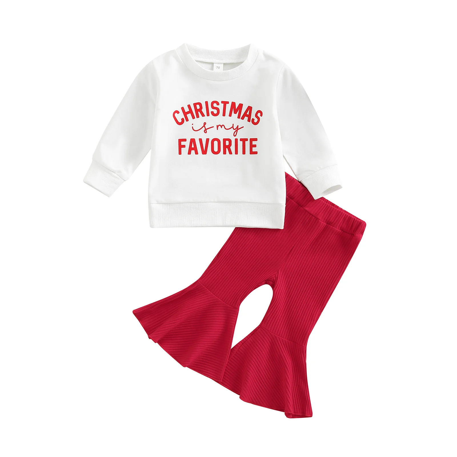 

Newborn Baby Girls Christmas Clothing Sets Letter Print Long Sleeve Pullover Sweatshirts+Red Ribbed Flare Long Pants