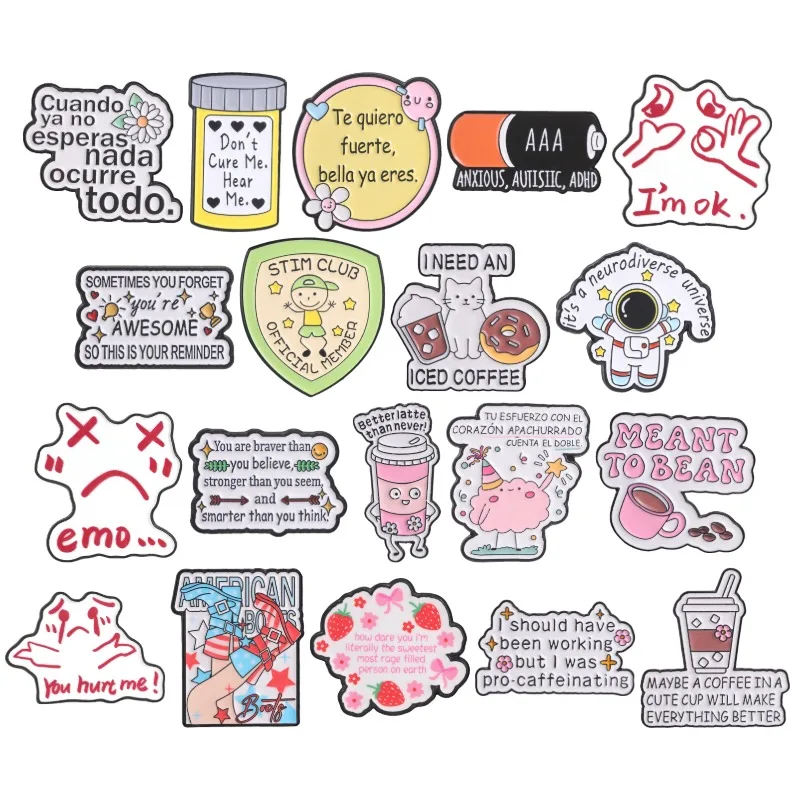 Neurodiverse Positive Quotes Enamel Pin Cat Coffee Emo Motivational Brooches ADHD Healing Badge Self-Care Jewelry Gift