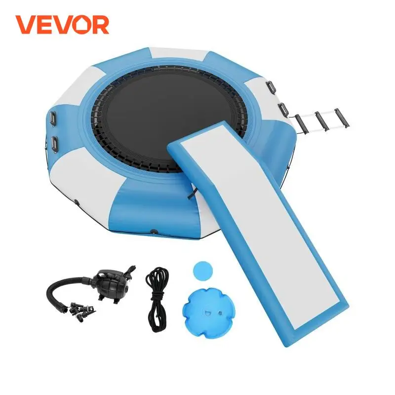 VEVOR 10ft Inflatable Water Bouncer Recreational Water Trampoline Portable Bounce Swim Platform with Slide 3-Step Ladder