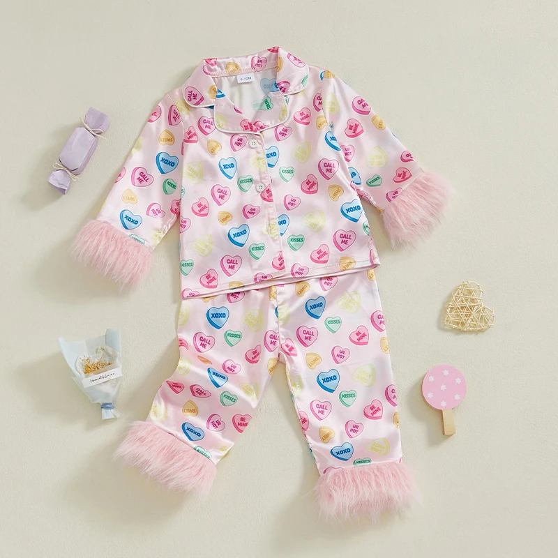 Tregren Toddler Baby Girl Satin Pajamas Set Heart Print Fur Cuffs Long Sleeve Lapel Button Down Tops with Pants Infant Sleepwear