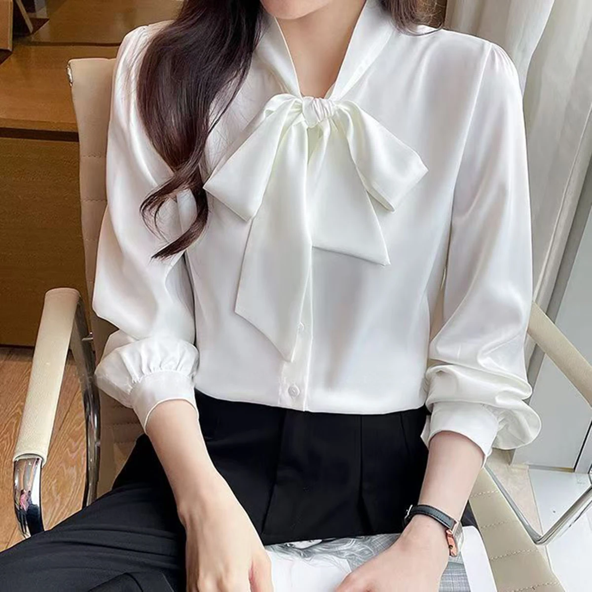 

French Elegant Bow Neck White Satin Shirts Women's Korean Fashion Autumn Winter Long Sleeve Button Tops Office Ladies Blouses