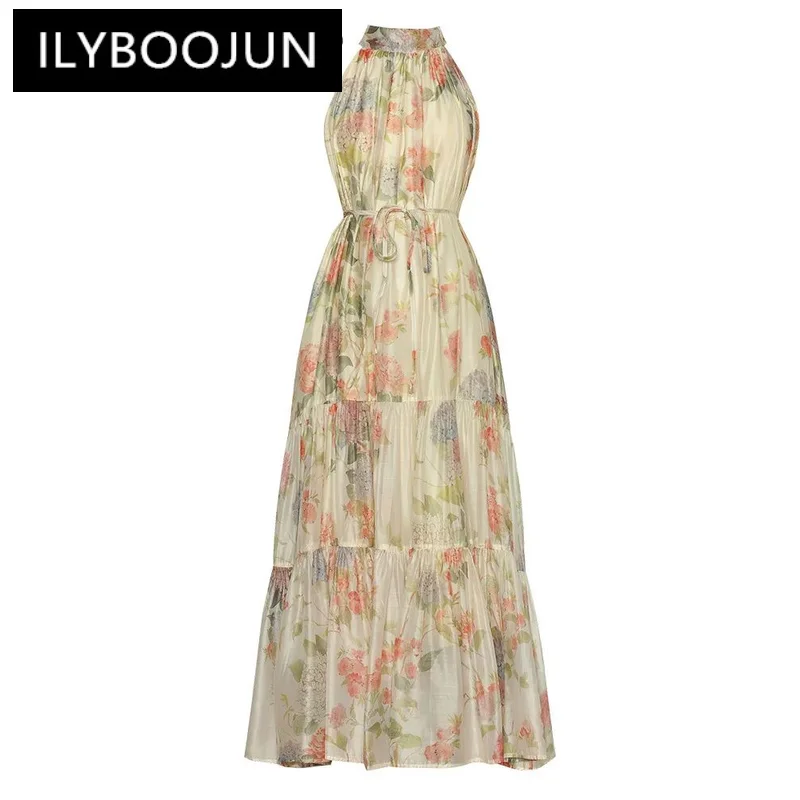 

ILYBOOJUN Summer Fashion Runway Dress Women Vintage Floral Print Lace Up Sashes Ruched Ruffle Hem Hang One's Neck Long Dresses