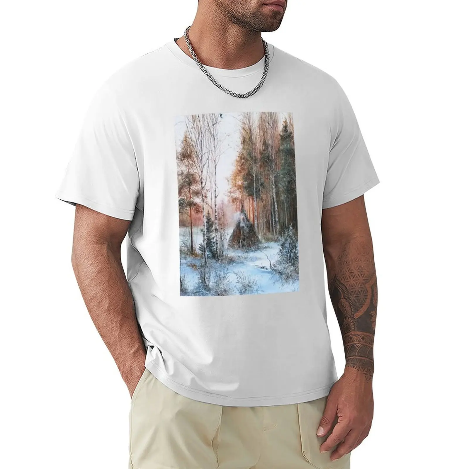 

id61-1 Winter camp in birch trees, tent, Winter forest and snow cover, black and white trees, icy and snowy trees, snowy T-shirt