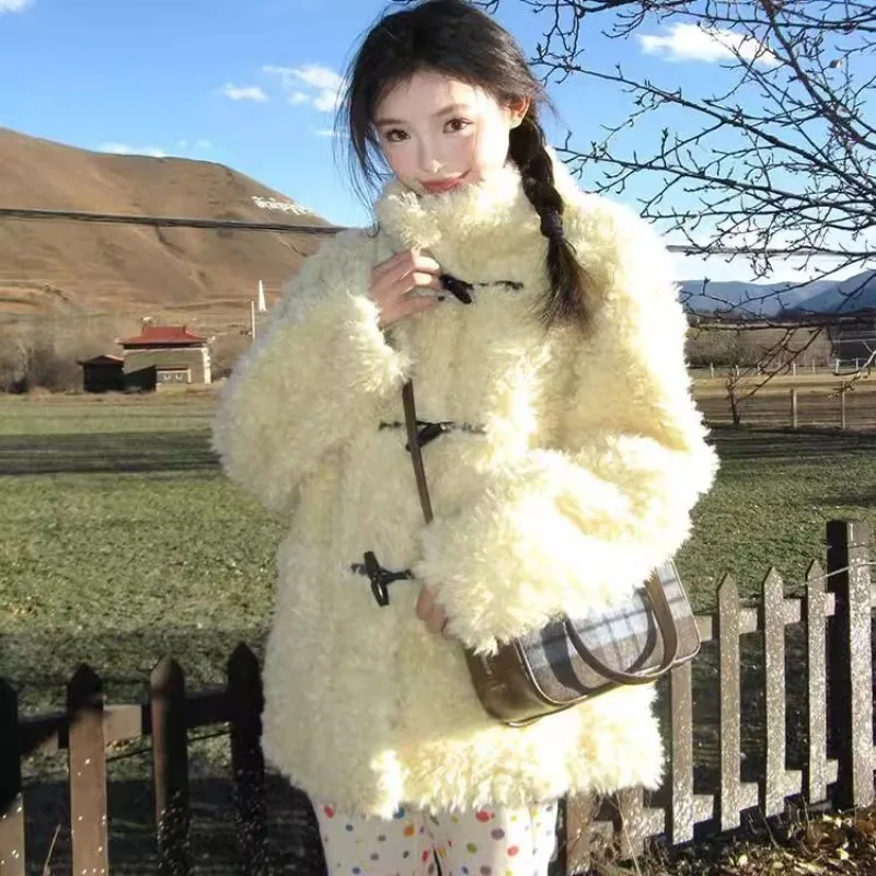 Women's Horn Button Furry Coat Winter Thick Warm Jacket