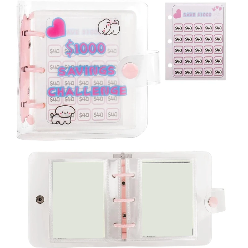Dinheiro Desafio Binder com Mini Envelope, Livro, Rosa, PVC, Reutilizável, Orçamento, 1000, 2 pcs