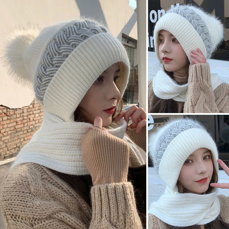 Women Winter Hood Beanies Thick Woolen Knitted Hat+Scarf Fur Pompom Crochet Bonnet Outdoor Ski Female Cap Warm Headgear