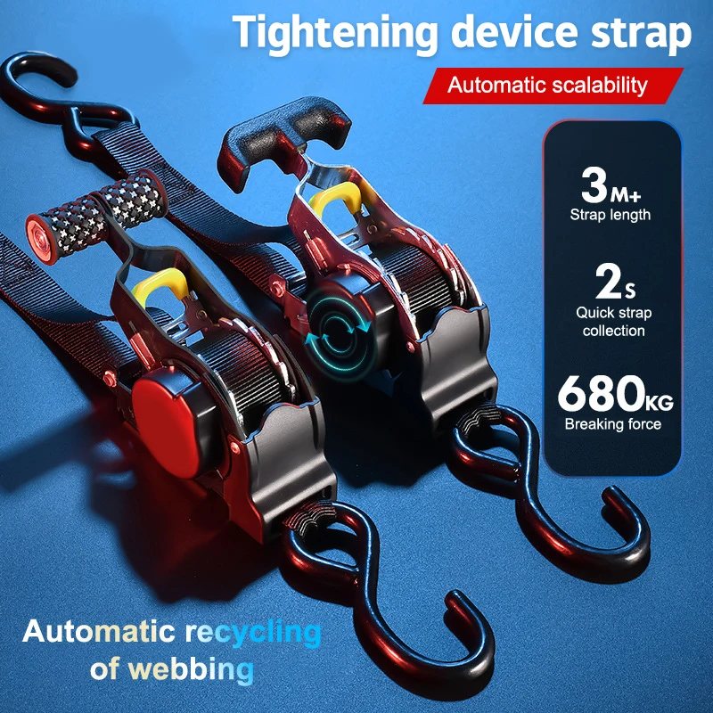 New Retractable Auto Ratchet Strap Automatic Shrink Bundle Tape For Motorcycles Luggage Belts Convenient Durable Securing Straps