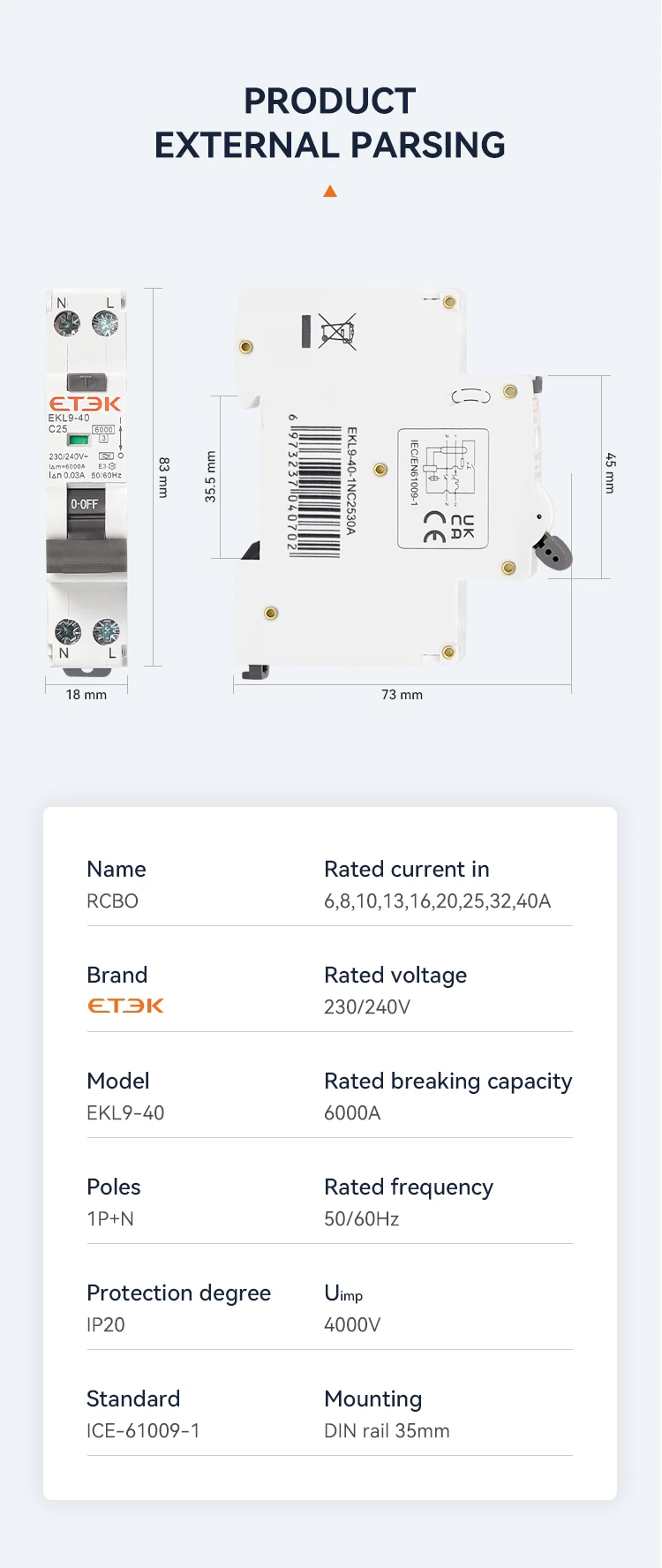 ETEC RCBO Typ A Fehlerstrom-Schutzschalter 6KA 1P+N DPN Mit Überstrom- und Leckageschutz 30mA EKL19-40 – Detail 7