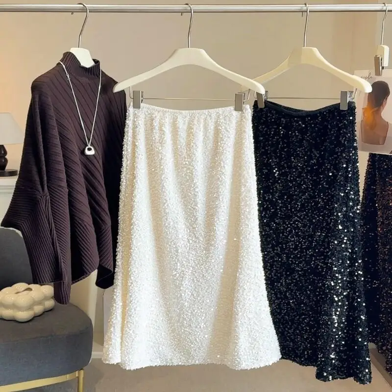 กระโปรงกำมะหยี่ปักเลื่อมผู้หญิง ฤดูใบไม้ร่วง ฤดูหนาว ใหม่ เอวสูง ทรงเอ ทรงเมอร์เมด กระโปรงทรงบอดี้คอน ความยาวปานกลาง สำหรับงานปาร์ตี้ งานราตรี สวยสง่า